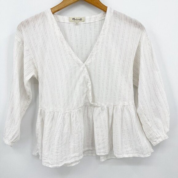 Madewell Bubble-Sleeve Peplum Top Metallic Stripe Faux Wrap Blouse - Picture 4 of 8